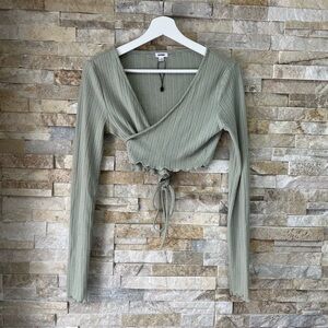 Garage Green Wrap Tie Front Long Sleeve Crop Top